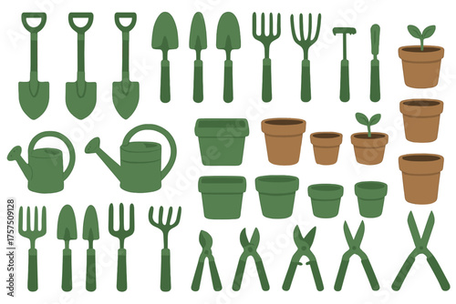 Variety of gardening tools and pots displayed on a white background for gardening enthusiasts and beginners