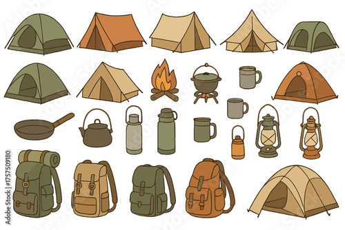 Camping gear collection featuring tents, backpacks, and cooking supplies in a variety of styles and colors