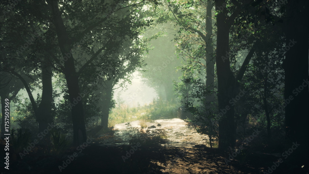 Obraz premium Soft sunlight filters through the lush green leaves in a serene forest. A gentle pathway invites exploration, creating a peaceful atmosphere. Nature thrives in this tranquil setting.