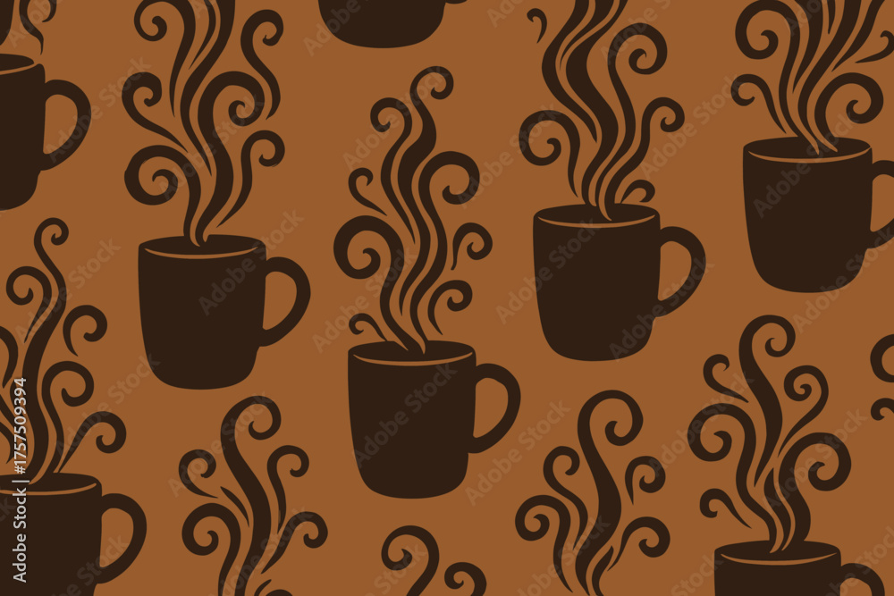Obraz premium Creative pattern of steaming coffee mugs on a warm brown background perfect for coffee lovers and cozy settings
