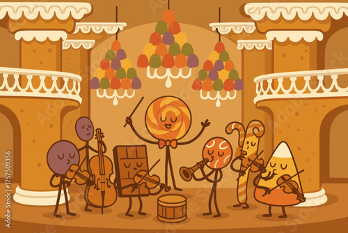 Candy characters perform joyful music in a colorful candyland setting during a festive celebration