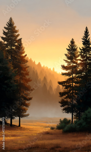 Golden sunrise over misty pine forest landscape in autumn with warm glowing light