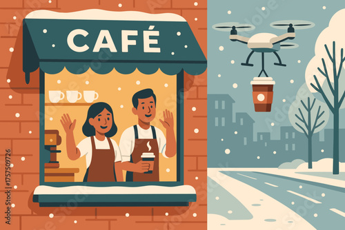 Couple waves from cafe window while drone delivers coffee during snowy winter day