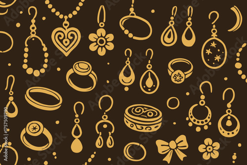 Jewelry sketches showcasing various designs of rings, earrings, and necklaces on a dark background