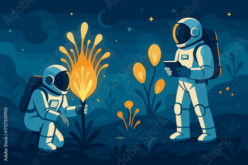 Exploring unknown planets with astronauts interacting with strange plant life at night