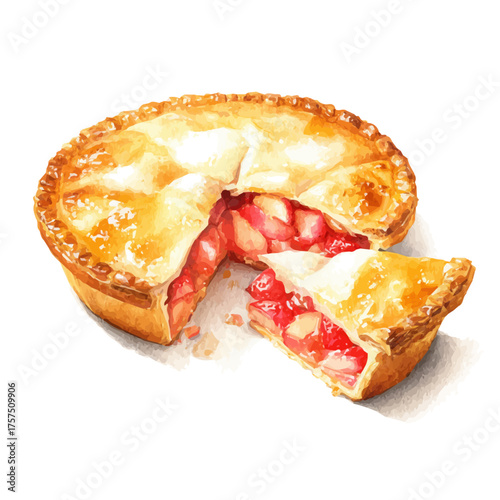 Fruit Pie With Golden Crust, watercolor vector, isolated on a white background.