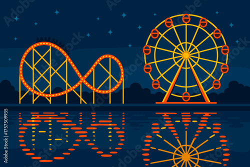 Bright carnival rides reflect on calm water at night, creating a vibrant scene of fun and excitement