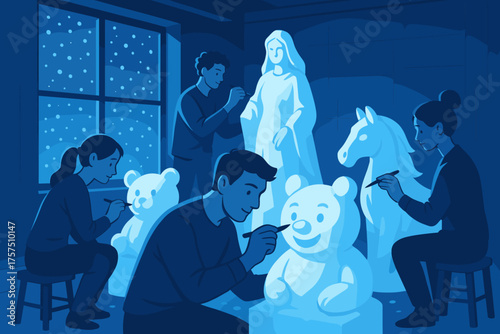 Artists create snow sculptures of animals and figures in a cozy workshop during winter