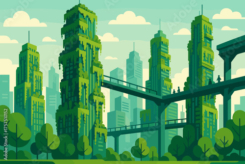 Urban landscape featuring green skyscrapers with lush vegetation in a futuristic city setting during the day