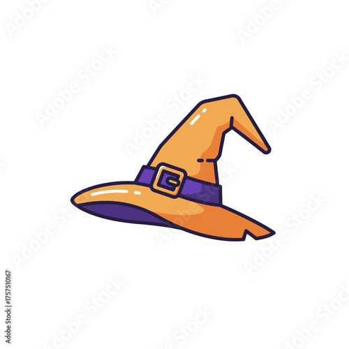 A cartoon illustration of a pointy orange witch's hat with a purple band and buckle.
