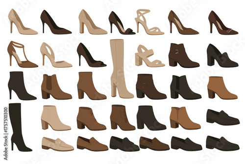 Collection of stylish footwear in various designs and colors for different occasions and seasons