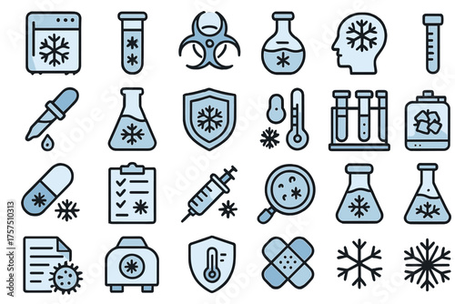 Collection of icons related to science and health in a minimalist style featuring laboratory equipment and biohazard symbols