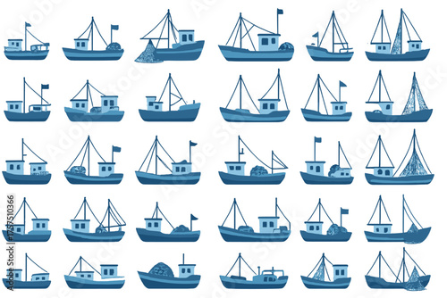 Collection of blue fishing boats in different styles displayed in a neat arrangement