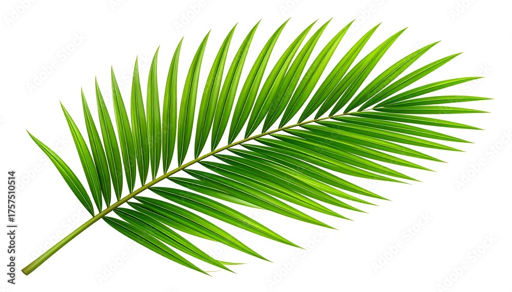 Obraz premium A vibrant green palm frond lies diagonally across a stark white backdrop, exhibiting intricate vein details and lush, healthy leaves