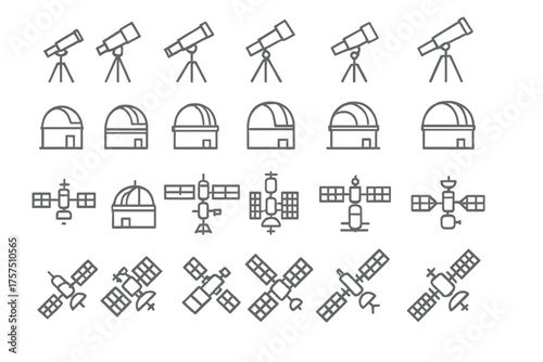 Various designs of telescopes and satellites are showcased in a minimalist style