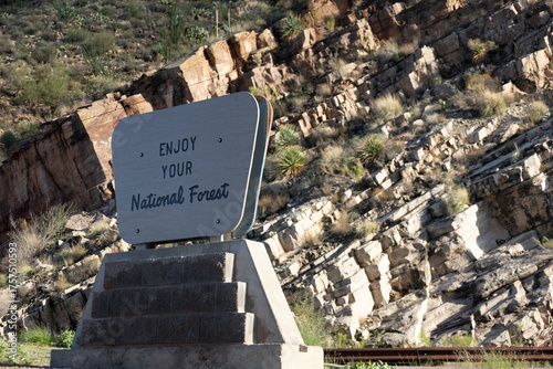 Fotografía Enjoy Your National Forest Sign in Arizona Desert Landscape