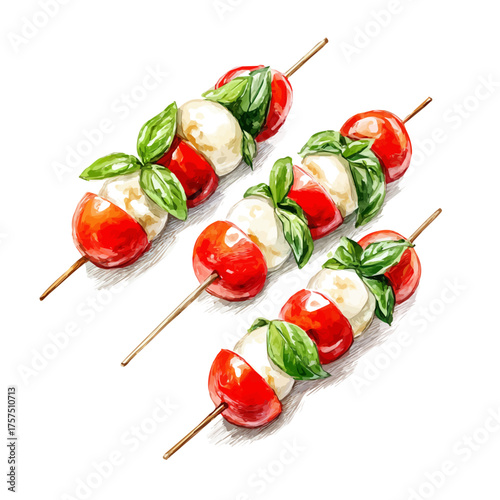 Set Of Mini Caprese Skewers, watercolor vector, isolated on a white background.