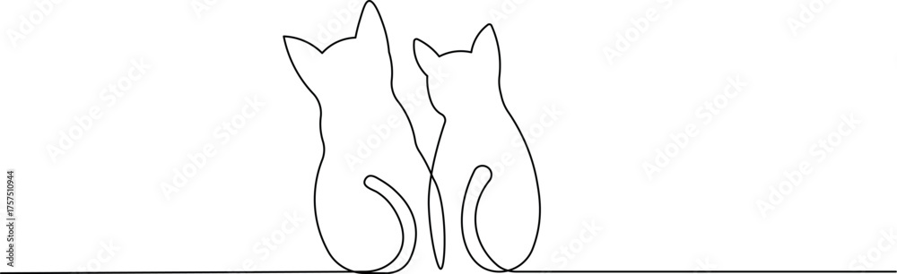 Fototapeta One Line Art Two Cats - Minimalist Continuous Line Drawing of Pet Cats Vector Illustration