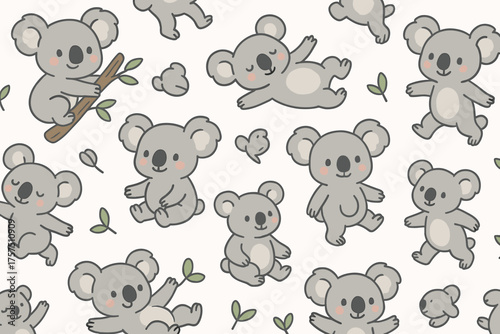 Cute koala patterns featuring playful koalas on branches, leaves, and lying around in a cheerful arrangement