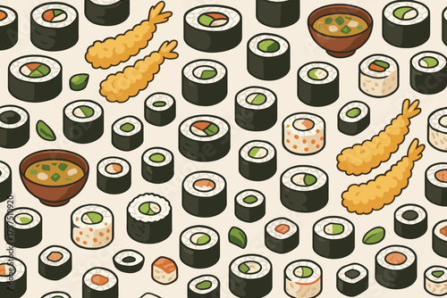 Delicious assortment of sushi and tempura displayed in an artistic pattern on a light background