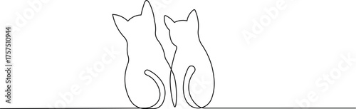 One Line Art Two Cats - Minimalist Continuous Line Drawing of Pet Cats Vector Illustration