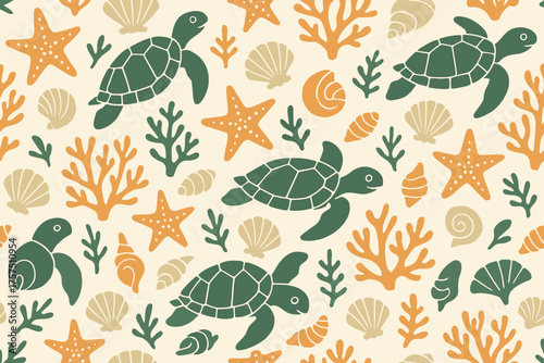 Colorful underwater pattern featuring turtles, seashells, and coral in a playful design