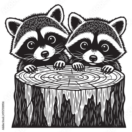Two adorable raccoons peering over a tree stump in a charming black and white vector illustration