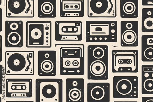 Vintage audio equipment design featuring cassette tapes and record players in a retro pattern