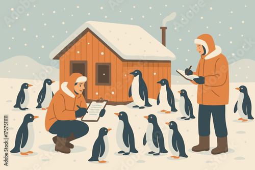 Penguins gathered around researchers in winter landscape near a small wooden cabin conducting a survey