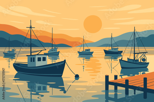 Sunset over a calm harbor with fishing boats and mountains in the background near a wooden dock