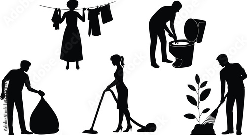 Black silhouette people performing household chores including cleaning, vacuuming, gardening, laundry, trash removal, domestic work, daily routine vector illustration