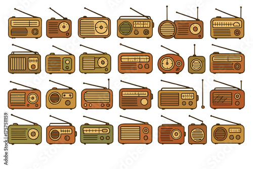 Various vintage radio designs in warm colors arranged in a grid pattern showcase classic audio technology from the past