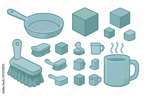 Kitchen tools and cleaning supplies in a simple, modern style illustration set