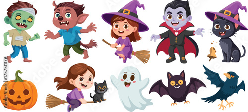 Cartoon Halloween characters including zombie, werewolf, witches, vampire, ghost, pumpkin, bat, black cat, raven, festive spooky vector illustration design