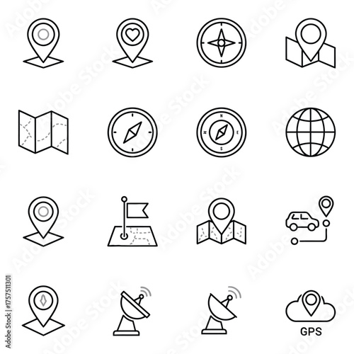 Collection of navigation icons representing maps compasses gps and satellite communication tools