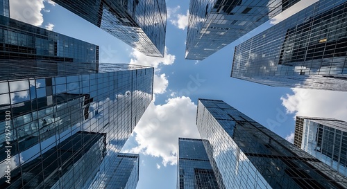 Towering city skyscrapers stretch toward clouds, emphasizing business growth and modern architectural design in an urban skyline