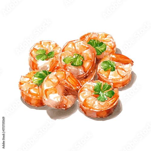 Shrimp Cocktail Bites, watercolor clipart vector, isolated on a white background.