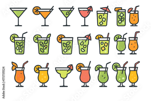 Colorful cocktails served in various glasses at a summer party celebration with vibrant decorations and garnishes