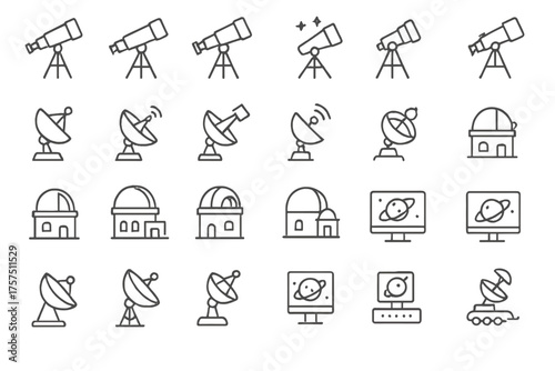 Collection of telescope and satellite images depicting various astronomical tools and observatories in simplistic line art style
