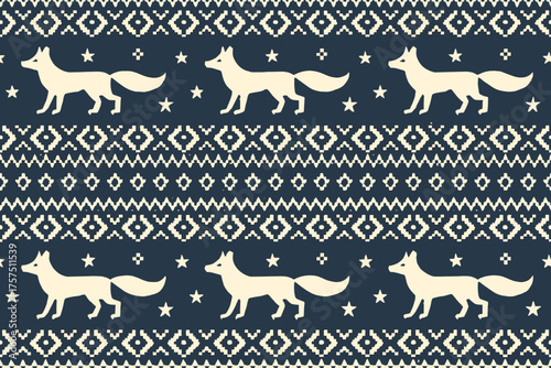 Pattern design featuring white foxes and geometric shapes on a dark blue background