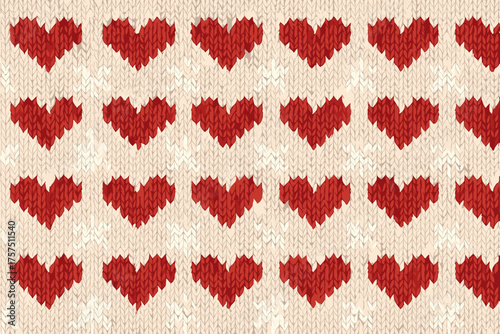 Warm knitted pattern featuring red hearts on a soft cream background ideal for winter crafts and cozy decor