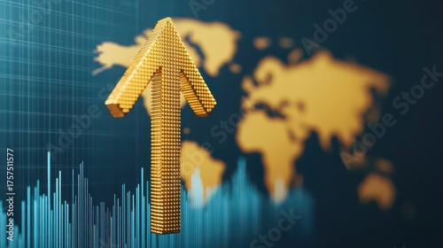 An upward-pointing arrow made of digital blocks overlays a world map, symbolizing growth and progress in a data-driven environment.