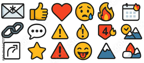 Colorful icons representing emotions, nature, and communication displayed on a white background for creative projects