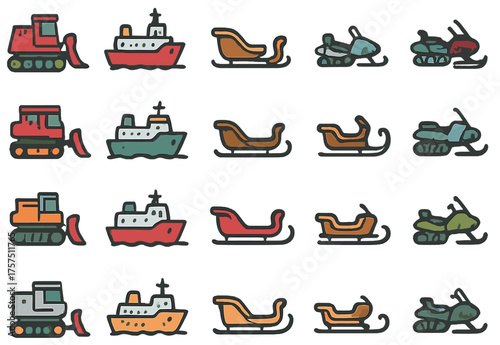 Different types of vehicles designed for winter activities and snowy environments with a fun, colorful style on a simple background