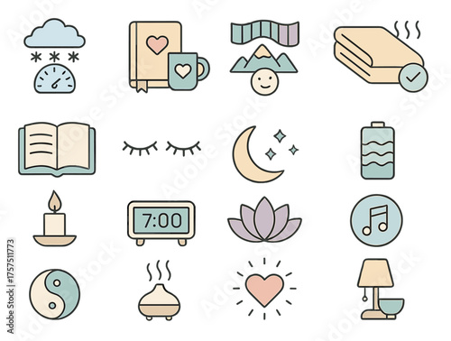 Creative collection of pastel icons symbolizing relaxation, self-care, and mindfulness activities for a balanced life