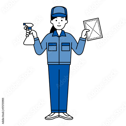 スプレー洗剤と雑巾を持つ清掃業者の女性（全身）