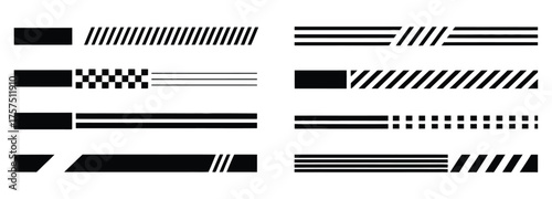 Racing stripes for car tuning and customization pack with vector stickers for vehicle wraps, body graphics, vinyl decals, and isolated car stripe illustrations on white background