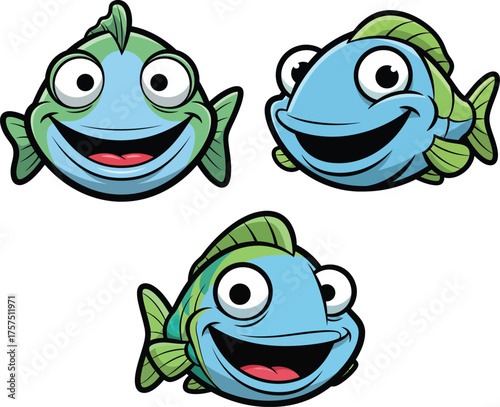 Three happy cartoon fish faces with big eyes and smiling mouths, illustration