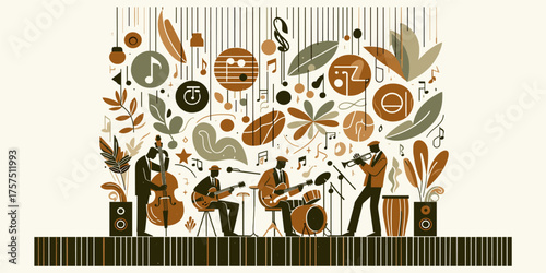 A vector illustration of a live music band performing on stage, with an abstract collage of musical notes and organic shapes representing the sound