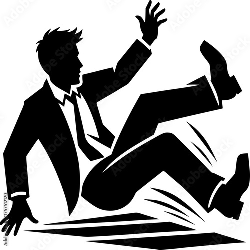 Unexpected Fall: A silhouette of a businessman loses his balance and takes a tumble, highlighting potential workplace hazards and the importance of safety.